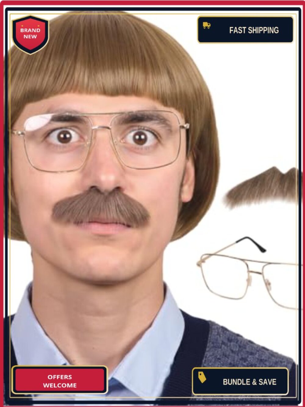 Mens Short Straight 60s 70s Bowl Cut Cosplay Costume Wig with Glasses